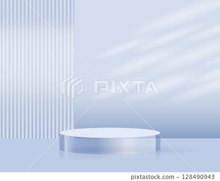Minimalist light blue cosmetic product mockup scene with a round glass podium and soft natural shadows 128490943
