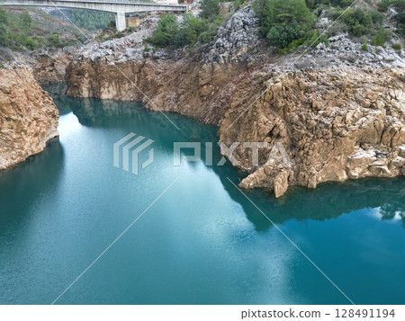 Turquoise River Gorge bridge drone view  128491194