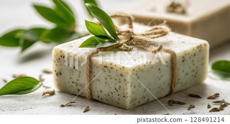 Natural handmade Soap with herbs isolated on white 128491214