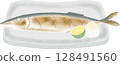 烤鹹秋刀魚的水彩插圖 128491560
