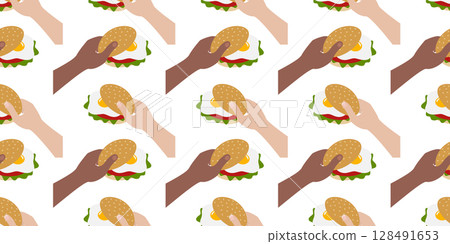 Males and Females Hands Various Nationalities Hold Eggs Sandwich Seamless Pattern Banner Format Food Males and Females Hands Various Nationalities Hold Eggs Sandwich Seamless Pattern Banner Format Food 128491653