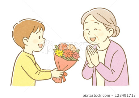 Scenes of interaction with grandparents Illustrations of Respect for the Aged Day and gratitude 128491712