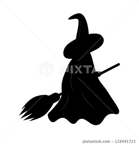 Silhouette Witch in hat and cloak with broom Sticker Icon Minimalistic Halloween Design element idea Silhouette Witch in hat and cloak with broom Sticker Icon Minimalistic Halloween Design element idea 128491722