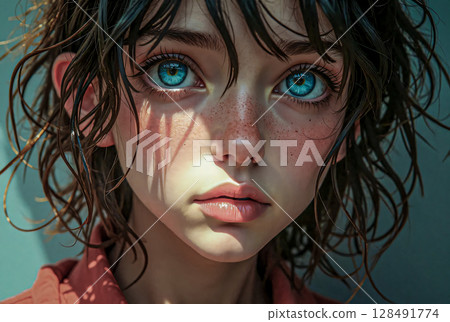 Portrait of a cute girl with blue eyes. Close-up of the face of a girl with curly hair and freckles. 128491774