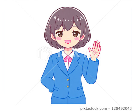 A woman in a suit holding up her fingers in approval 128492043