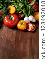 Fresh Vegetables Tomatoes Herbs Wooden Background 128492048