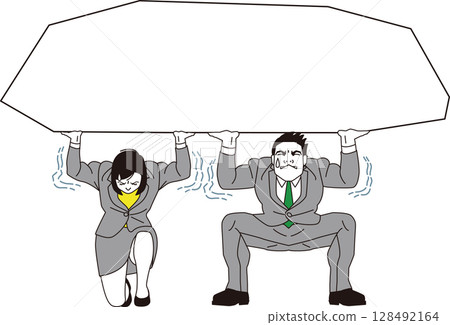 Young businessman and businesswoman enduring pressure 128492164