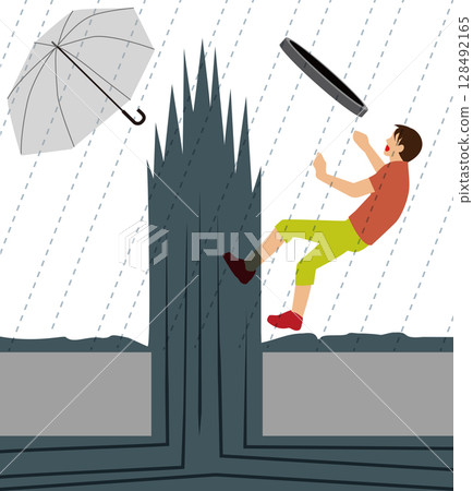 Flooding, heavy rain and people with umbrellas and manholes popping out. Image illustration of the danger of rainwater 128492165