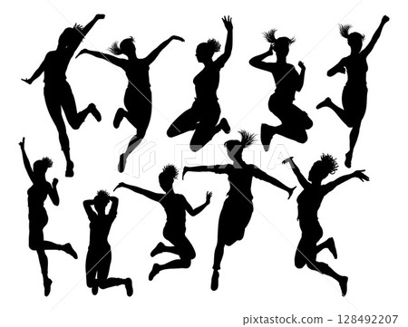 Happy Woman Jumping For Joy Silhouette Women Happy Woman Jumping For Joy Silhouette Women 128492207