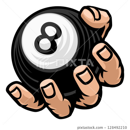 Mascot Person Hand Holding Pool Billiards 8 Ball 128492210