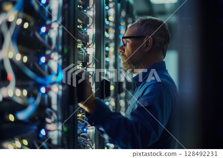 Technician examines complex data server systems in a dimly lit. 128492231
