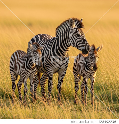 Zebra and baby walking in the African savanna | Peaceful scenery at dusk 128492236