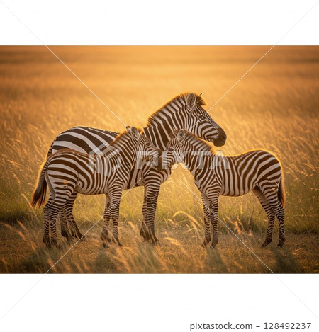 Zebra and baby walking in the African savanna | Peaceful scenery at dusk 128492237