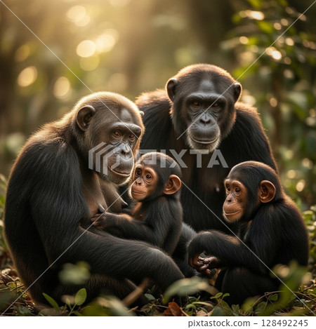 Monkey and chimpanzee parent and child walking in the African savanna | Peaceful scenery at dusk 128492245