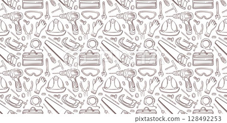 Seamless pattern with construction repair tool, safety gear and equipment in line art style. Ideal for workshop, background, hardware store packaging and industrial themed design. 128492253