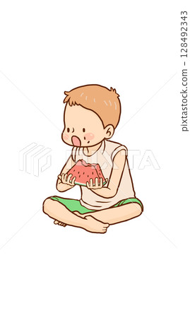 一個男孩盤腿坐吃西瓜 128492343