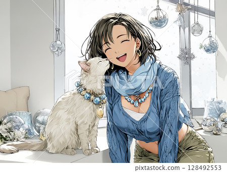 Cat Cafe: Illustration of a woman smiling after being licked by a cat 128492553