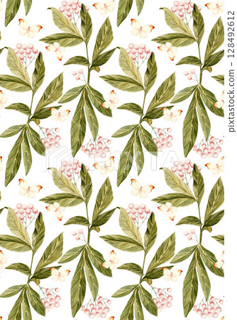 Green leaves, pink berries, butterflies watercolor seamless pattern isolated on white. Hand-painted perfect for wedding design, romantic packaging, home decor, stationery, and digital creative Green leaves, pink berries, butterflies watercolor seamless pattern isolated on white. Hand-painted perfect for wedding design, romantic packaging, home decor, stationery, and digital creative 128492612