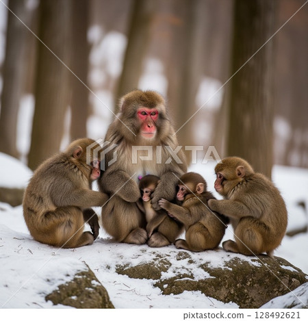 A family of Japanese macaques huddled together in the snow | A warm exchange in nature 128492621