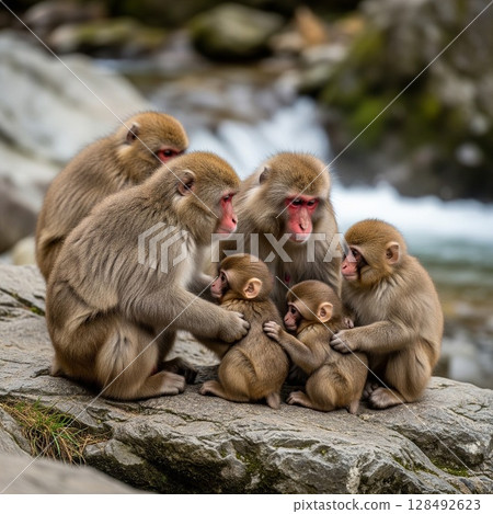 A family of Japanese macaques huddled together on a rock | A warm exchange in nature 128492623
