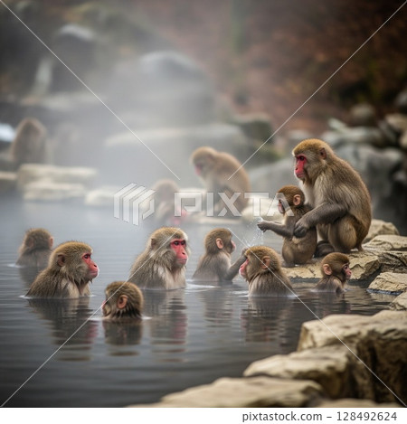 一家日本獼猴在溫泉中依偎在一起｜自然界的溫暖交流 128492624