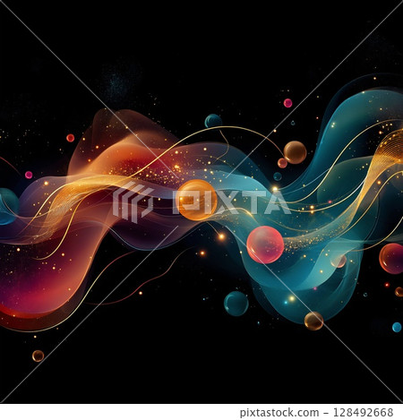 Abstract colorful waves with floating spheres and glowing lines on a black background. Digital composition with effects of illumination, motion, and depth. Generative AI 128492668
