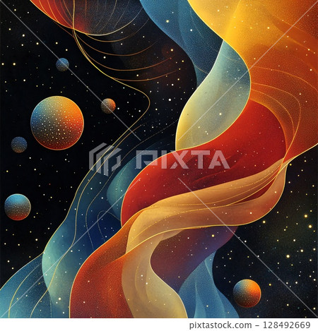Abstract cosmic art with colorful flowing ribbons and planets in a starry sky. Deep composition with neon, motion, and glowing elements. Generative AI 128492669