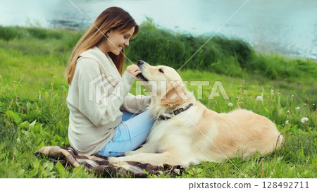 Happy owner young woman feeding Golden Retriever dog on the grass together in summer park 128492711