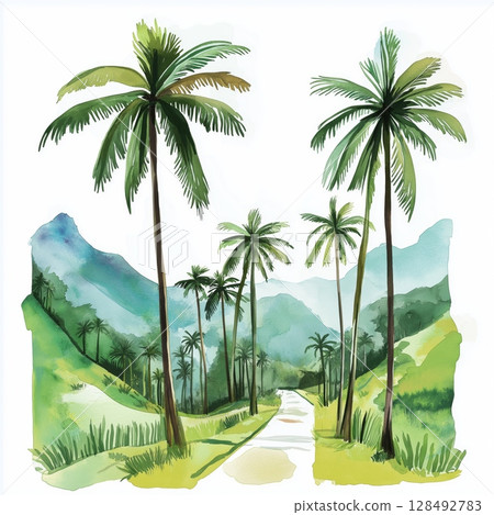 Cocora Valley. Cocora Valley hand drawn watercolor illustration 128492783