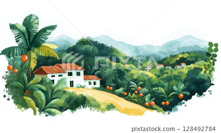 Coffee Cultural Landscape - Eje Cafetero. Coffee Cultural Landscape - Eje Cafetero hand drawn watercolor illustration 128492784