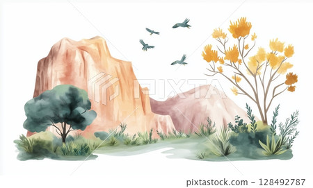 Colca Canyon. Colca Canyon hand drawn watercolor illustration 128492787