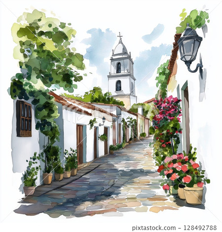 Colonia del Sacramento. Colonia del Sacramento hand drawn watercolor illustration 128492788