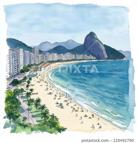 Copacabana Beach. Copacabana Beach hand drawn watercolor illustration 128492790
