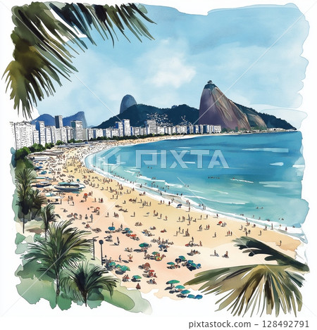 Copacabana Beach. Copacabana Beach hand drawn watercolor illustration 128492791