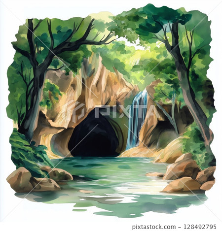 Cueva del Guacharo. Cueva del Guacharo hand drawn watercolor illustration 128492795