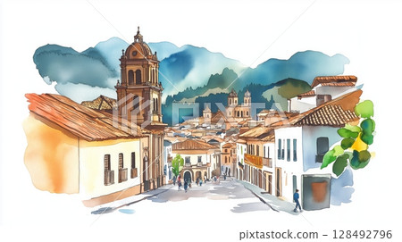 Cusco Historic Center. Cusco Historic Center hand drawn watercolor illustration 128492796