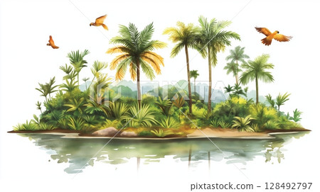 Cuyabeno Wildlife Reserve. Cuyabeno Wildlife Reserve hand drawn watercolor illustration 128492797