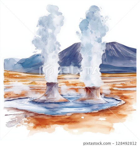 El Tatio Geysers. El Tatio Geysers hand drawn watercolor illustration 128492812