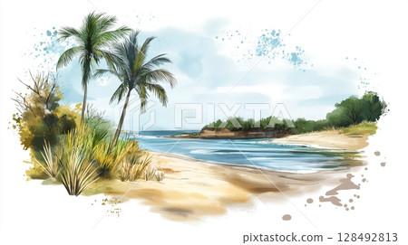 Encarnacion Beaches . Encarnacion Beaches  hand drawn watercolor illustration 128492813
