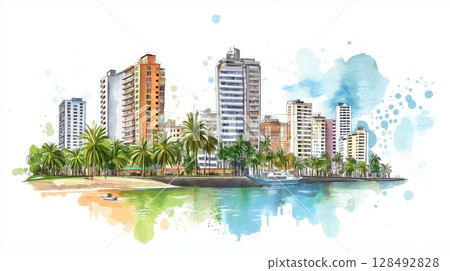 Guayaquil Malecon 2005. Guayaquil Malecon 2005 hand drawn watercolor illustration 128492828