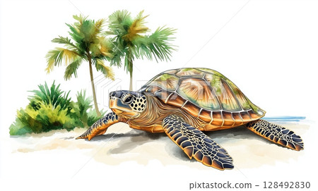 Hattes Beach - Turtle nesting. Hattes Beach - Turtle nesting hand drawn watercolor illustration 128492830