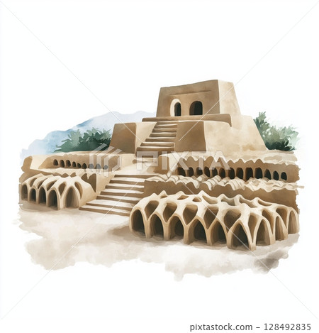 Chan Chan Archaeological Site. Chan Chan Archaeological Site hand drawn watercolor illustration Chan Chan Archaeological Site. Chan Chan Archaeological Site hand drawn watercolor illustration 128492835