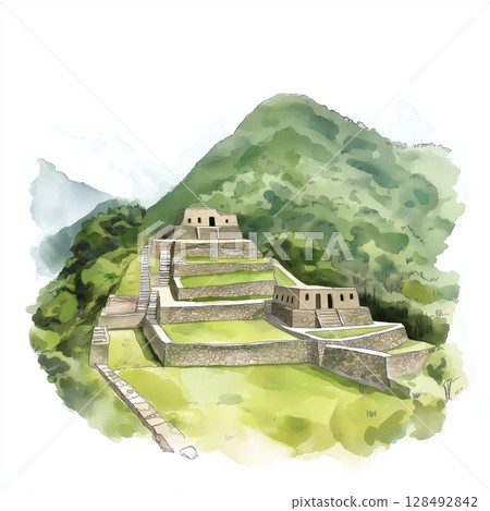 Choquequirao. Choquequirao hand drawn watercolor illustration Choquequirao. Choquequirao hand drawn watercolor illustration 128492842