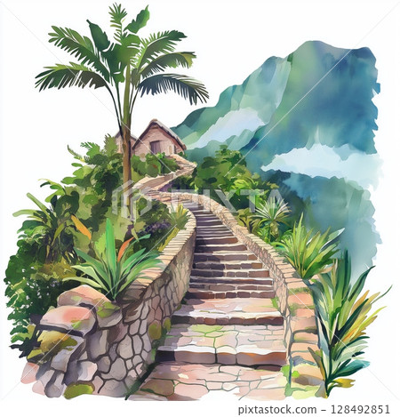 Inca Trail. Inca Trail hand drawn watercolor illustration 128492851