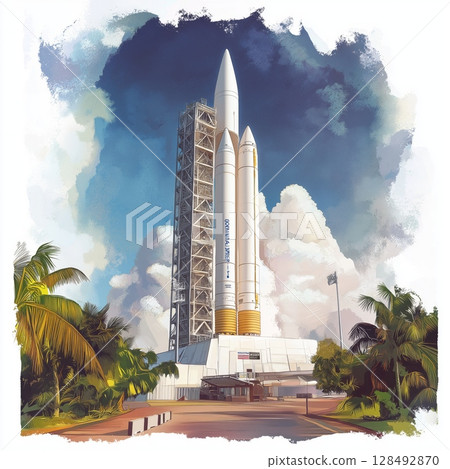 Kourou Space Center. Kourou Space Center hand drawn watercolor illustration Kourou Space Center. Kourou Space Center hand drawn watercolor illustration 128492870