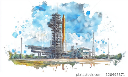 Kourou Space Center. Kourou Space Center hand drawn watercolor illustration Kourou Space Center. Kourou Space Center hand drawn watercolor illustration 128492871
