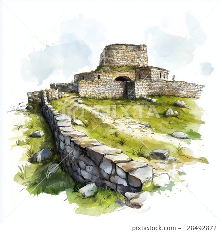 Kuelap Fortress. Kuelap Fortress hand drawn watercolor illustration Kuelap Fortress. Kuelap Fortress hand drawn watercolor illustration 128492872