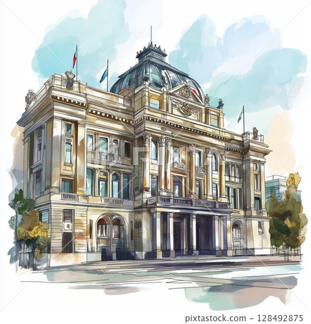 La Moneda Palace. La Moneda Palace hand drawn watercolor illustration 128492875