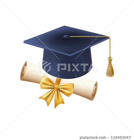 3d diploma scroll with graduate hat. Vintage roll paper 3d diploma scroll with graduate hat. Vintage roll paper 128493047