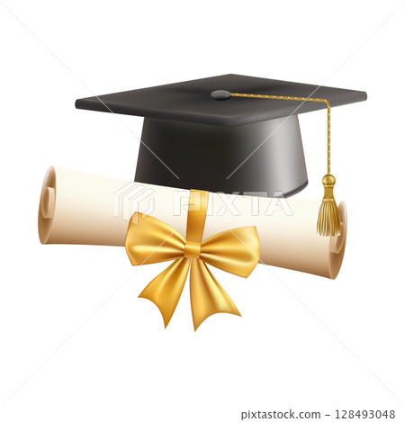 3d diploma scroll with graduate hat. Vintage roll paper 3d diploma scroll with graduate hat. Vintage roll paper 128493048